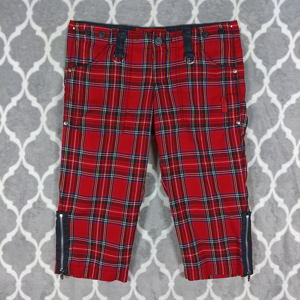 Tripp NYC Capri Pants Womens 5 Red Tartan Plaid Punk Ska Y2K Zipper Hem *READ